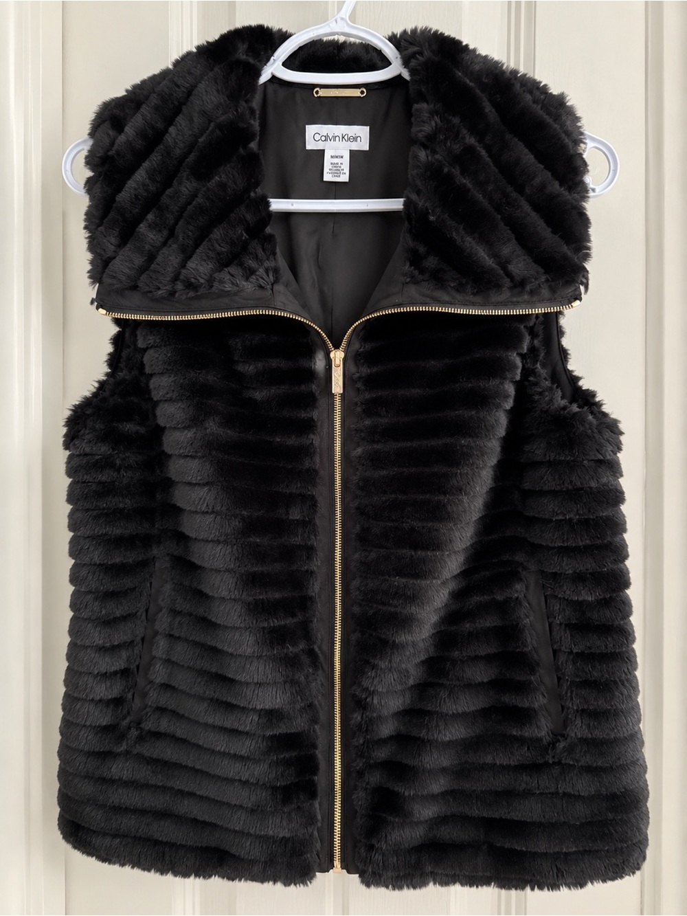 Calvin Klein Ribbed/Channeled Black Faux-Fur Full-Zip Vest
